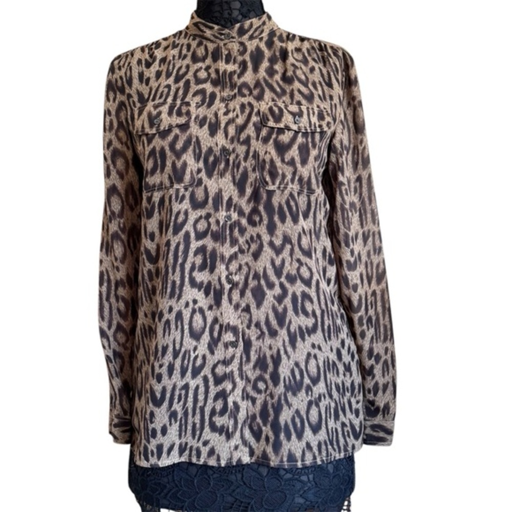 Chaps Brown and Tan Animal Print Sheer Button Down Blouse Top
